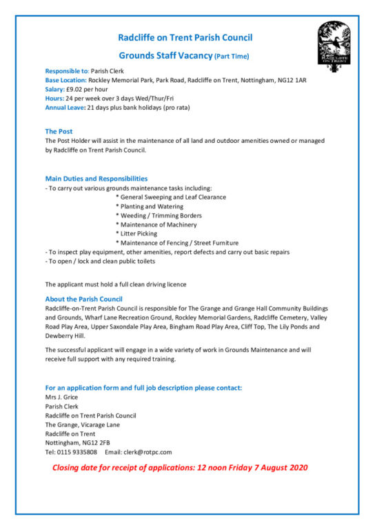 Part Time Grounds Staff Vacancy at RadcliffeonTrent Parish Council