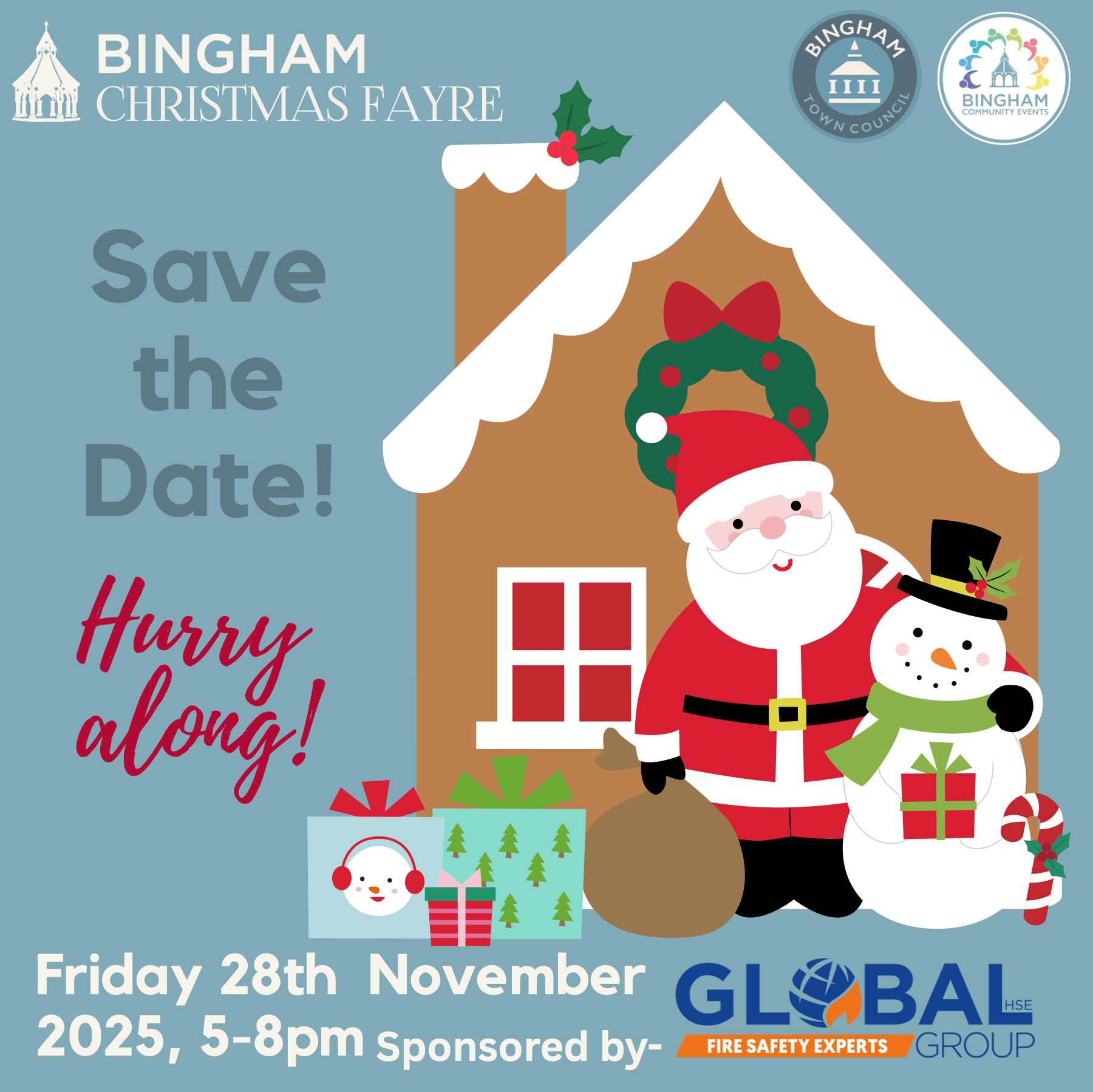 Save the Date! Bingham Christmas Fayre, Friday 28th November 2025, 5-8pm .Sponsored by GLOBAL GROUP Fire Safety Experts