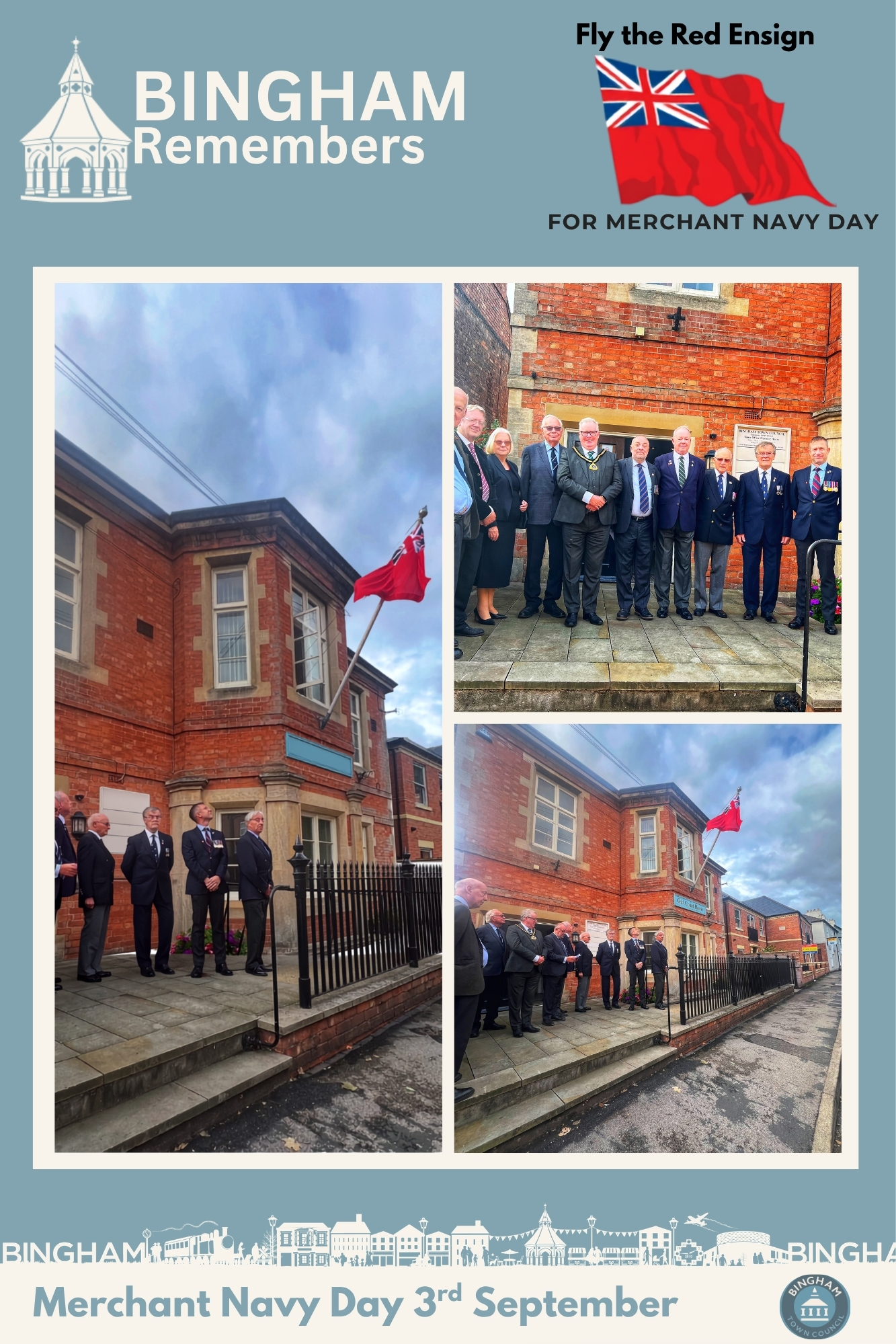 A collage with photos of the raising of the Red Ensign Flag on the Old Court House to mark Merchant Navy Day, 3 September 2026